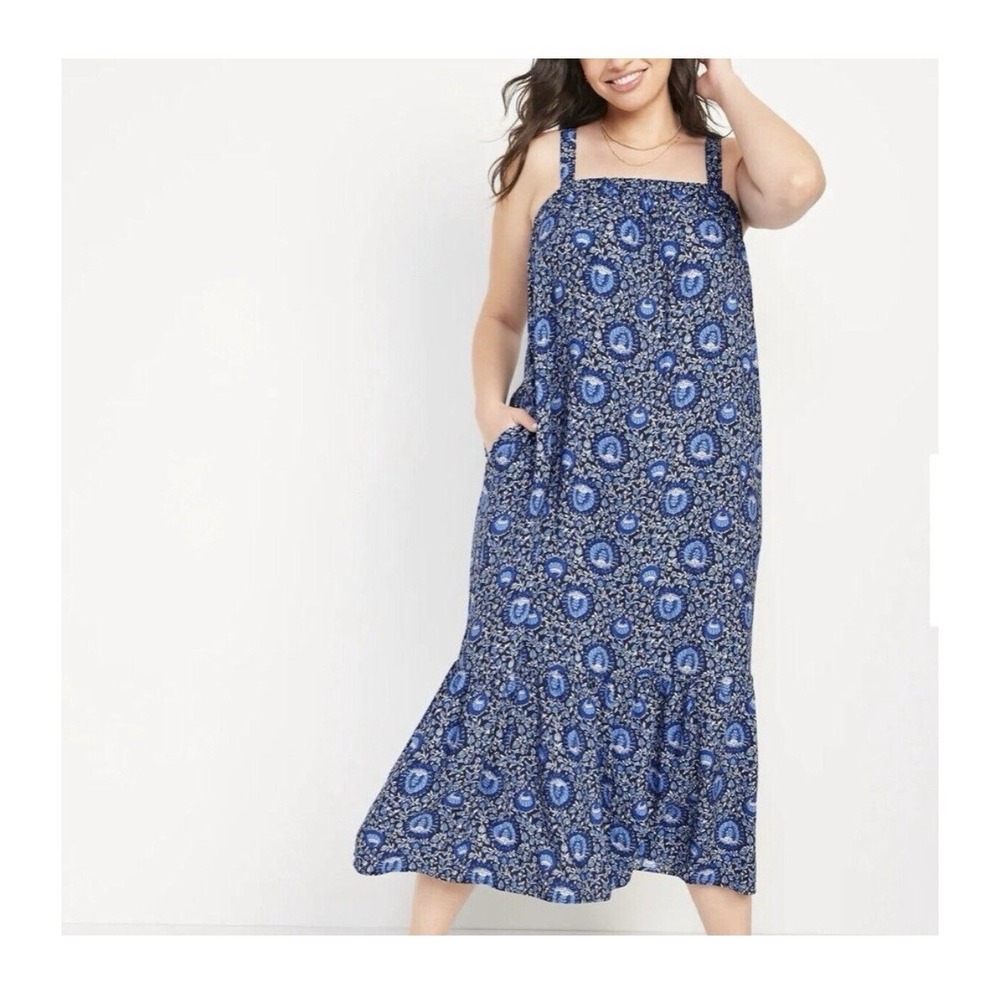 Old Navy Sleeveless Elasticated Tie-back Maxi Swing Dress Sz XL Dark Sea Blue